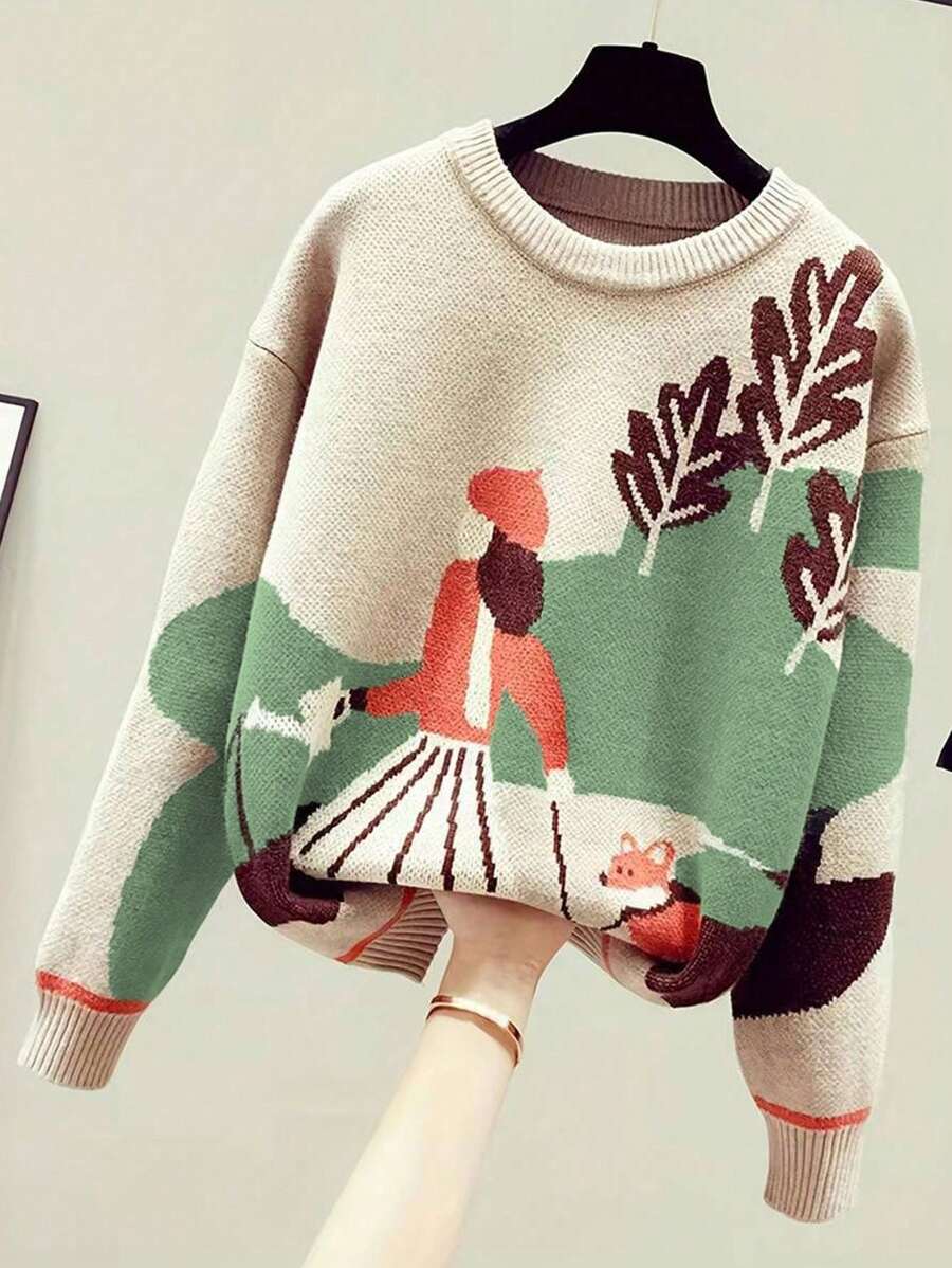 Cartoon Pattern Long Sleeve Knit Sweater, Elegant Texture Knit Top, Women Wear, No Skirt, Spring Season - Khaki - View 1
