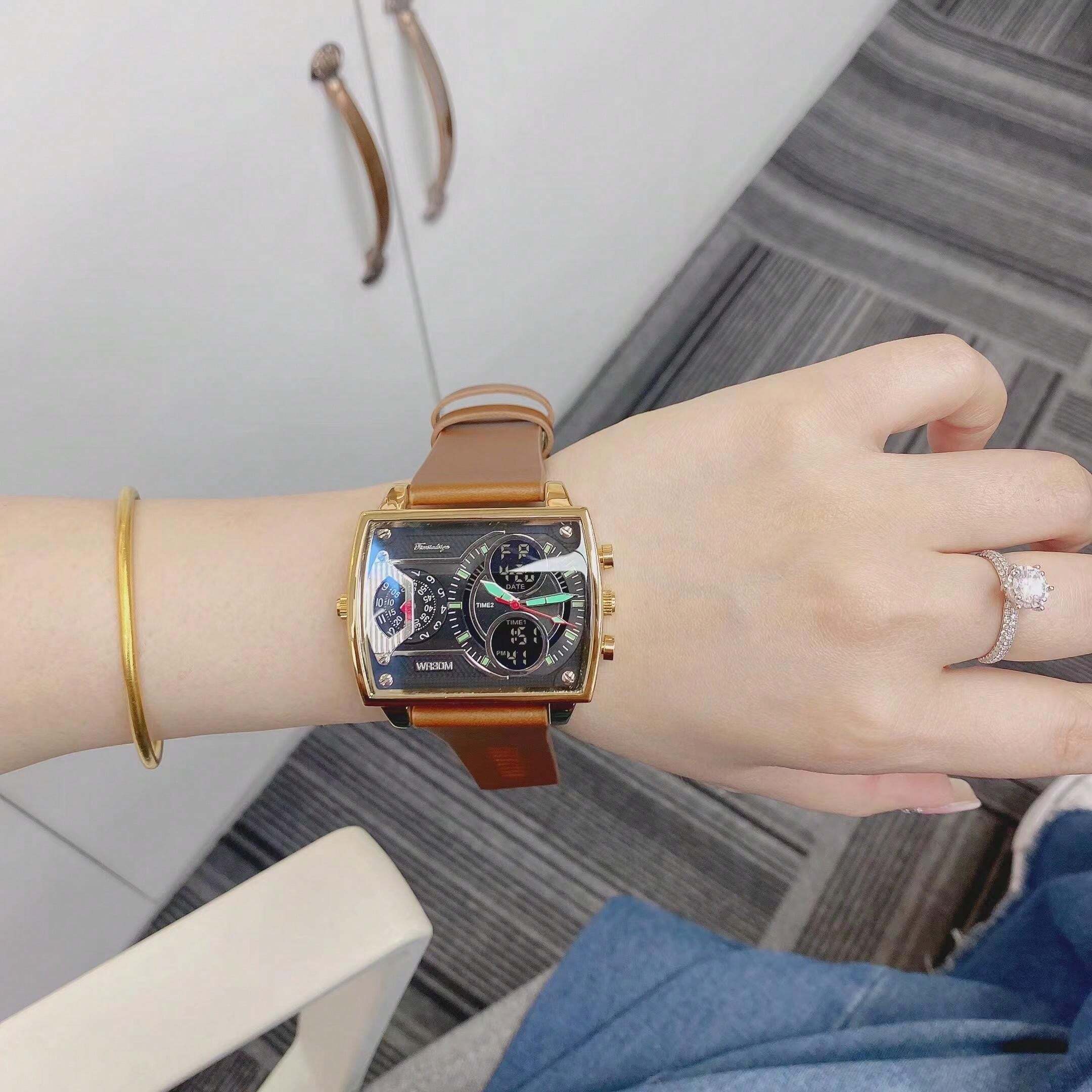 Men's Big Dial Dual Movement 4 Time Zone Display Electronic Watch With