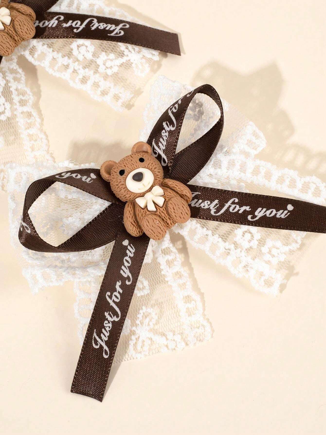 2pcs Brown Bear Hair Bows For Girls White Lace Bow Alligator Clips With