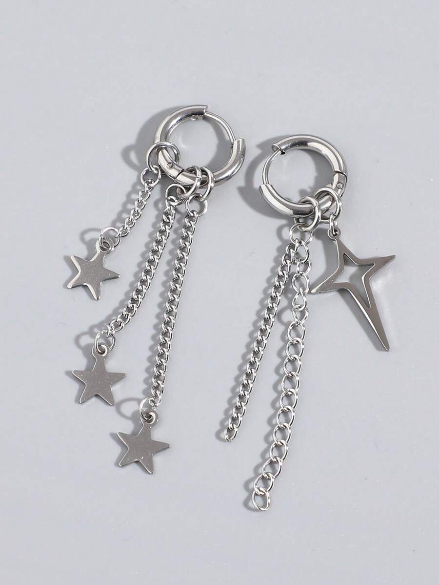 Pendientes colgantes de estrella para hombre a la moda y populares, estilo Punk Hip Pop de acero inoxidable para regalo de joyería y para un aspecto elegante - Plateado - Ver 1