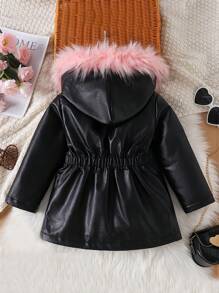 Girls PU Leather Jacket Outfit, Fashionable Young Girl Thicken Warm Hooded Coat With Fur Collar For Autumn/Winter - Black - View 2