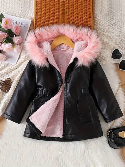 Girls PU Leather Jacket Outfit, Fashionable Young Girl Thicken Warm Hooded Coat With Fur Collar For Autumn/Winter