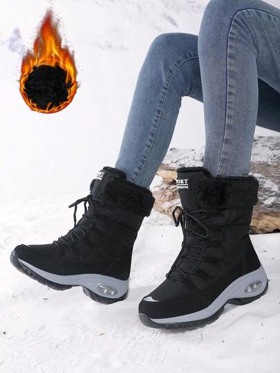 Cizme de zăpadă pentru femei, până la jumătatea gambei, cu căptușeală îngroșată și termică și design antiderapant, pentru zone înzăpezite de iarnă și schi în aer liber, cizme de blană