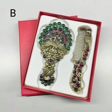 Exquisite Small Relief Antique Peacock Open Screen Handheld Mirror & Portable Creative Sense Comb, Gift Box With Greeting Gifts And Birthday Gifts,The Color Of The Gemstones Inlaid In The Product Is Random,Women Valentine Gift Birthday Boyfriend Girlfriend