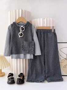 3pcs Young Girl Casual Plain Half Collar Base Shirt & Side Pockets Vest & Lace Trousers For Autumn And Wintter