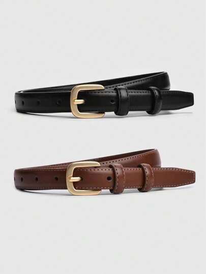 2pcs Minimalist Solid Color Casual Vintage PU Leather Belt For Women, Suitable For Jeans And Skirts, 1.8cm Width, Fall, Autumn, Halloween