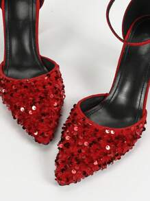 Women's Pointed Toe High Heel Sandals,Minimalist Classic Ankle Strap Buckle Party Elegant Glitter Red Shoes - Red - View 7