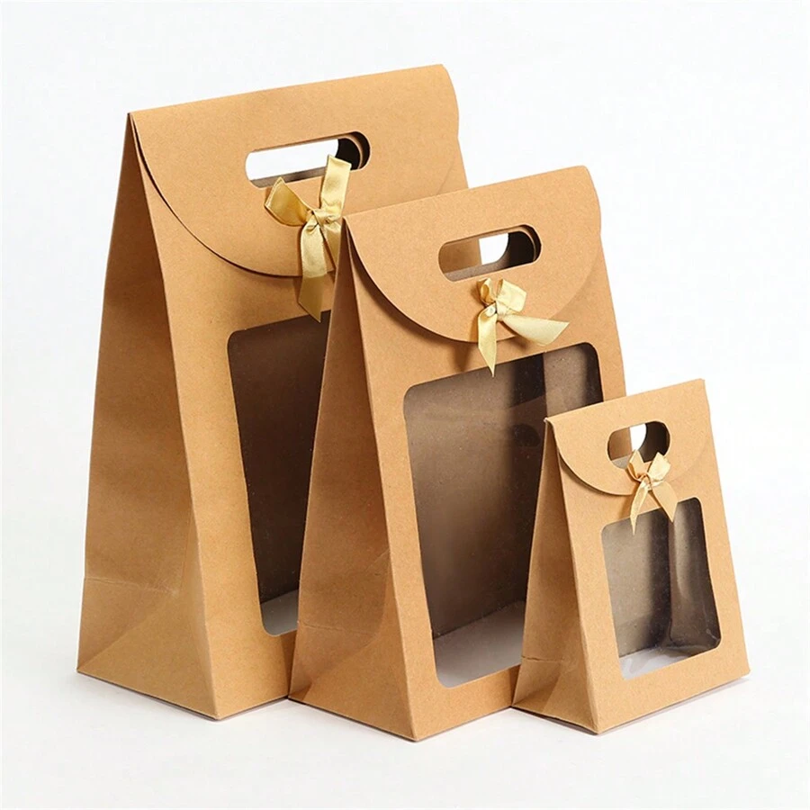 10pcs/Set Luxury Kraft Paper Gift Boxes With Clear Window And Bow, Folding Handle Gift Bags - Thickened Paper, Exquisite Craftsmanship, Foldable, Suitable For Candy, Cookies, DIY Crafts And Party Gifts - Ideal For Birthdays, Weddings, Christmas And Other Festivals - Various Sizes - Multicolor - View 1