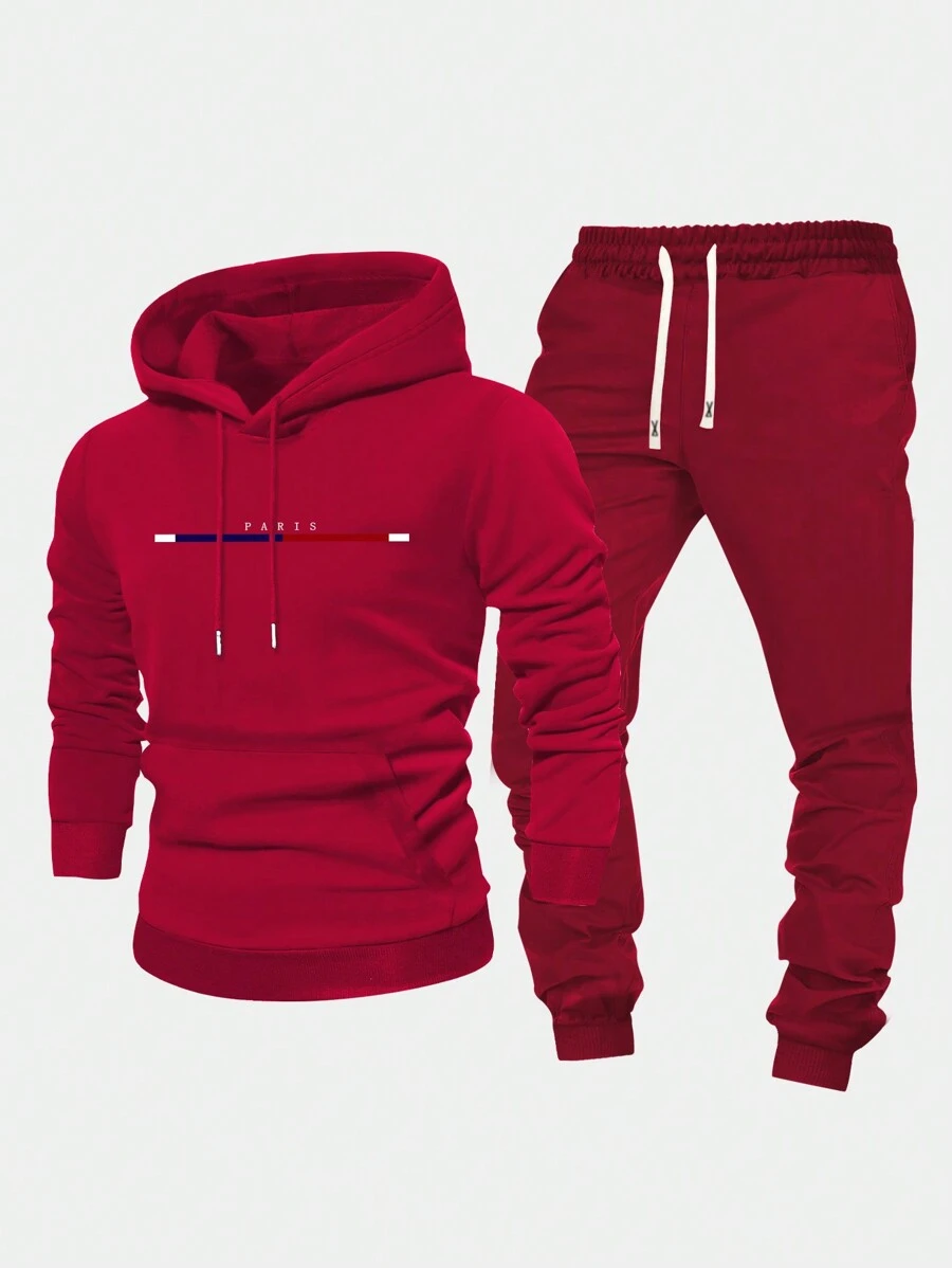 Men's Thin Hoodie And Sweatpants Set, Regular Fit, Personalized Printed Pattern, Fashion Casual Outfit With Pockets And Drawstring Waist, Suitable For Husband Or Boyfriend Gift, Street, Commute, Outdoor Use, Fall Clothes - Red - View 1