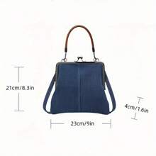 1 geantă de umăr oblică din denim la modă, cu închidere cu cataramă și mâner din lemn, culoare albastră solidă, curea multifuncțională, căptușeală din poliester, margini pictate - Geantă Messenger realizată manual pentru femei, birou/navetă