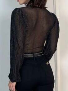 Women's Lurex Bodysuit With Long Sleeves And Sheer Neckline - 黑色 - 查看 4