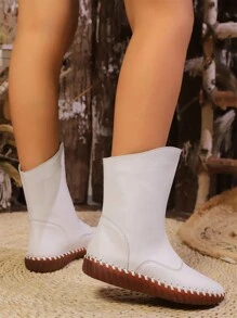 女士白色一键前拉链缝线舒适踝靴，冬季休闲女士战斗靴，带蓬松衬里