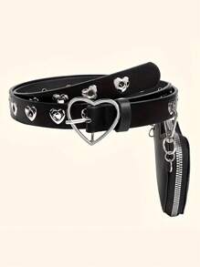 1pc Girls Heart Buckle Belt With Mini Detachable Pouch - Casual Punk Style PU Leather Waist Belt
