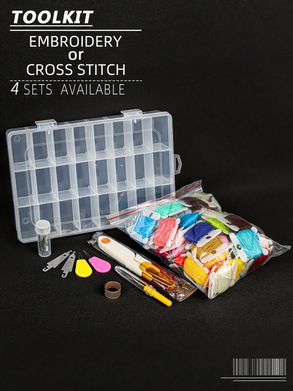 1 Set Of DIY Cross Stitch Embroidery Thread Organizer Kit, Including Sewing Box, Floss Holders, Threader, Ripper, Scissors, Needles & More