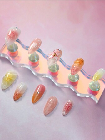 10Pcs Almond Shaped Fake Nails,Multicolor Fake Novel Nail,Lily Blush Blush Sexy Sweet,Fashion 3D Dimensional Decorative ,Underwater World,Charming And Colorful Shell, European Style Bohemian Princess Press On Nails Nail Supplies Nails