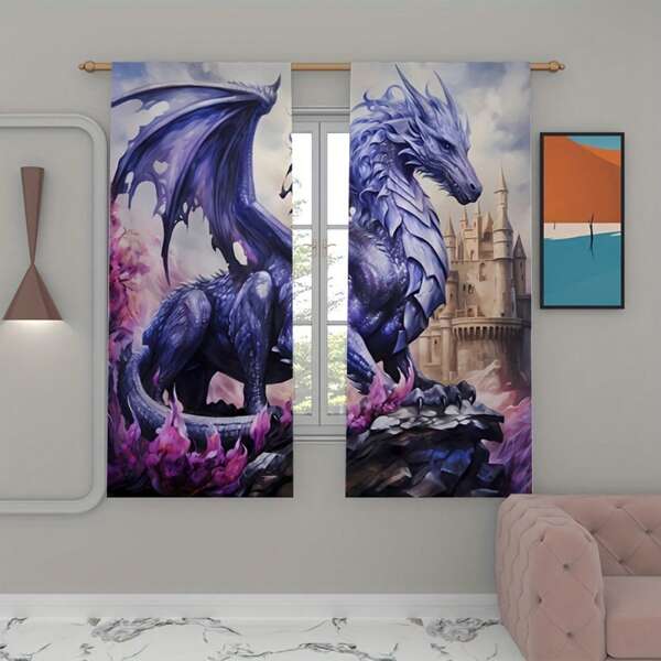 2 piezas de cortinas con estampado de dragón púrpura, cortinas de poliéster para la sala de estar, sala de juegos, dormitorio, cocina, decoración versátil para el hogar y fiestas