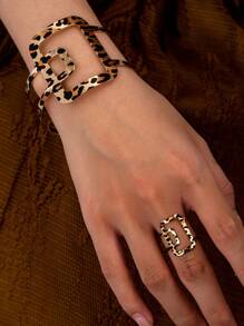 Metal Leopard Print Geometric Bracelet And Adjustable Ring Set, Exaggerated & Personalized Style For Women - Leopard - View 12