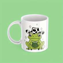 2pcs , Frog Mug// 11oz White Mug With An Animal, Green Aesthetic, Cowboy Hat, Dishwasher And Microwave Safe, Illustrated Coffee Cup