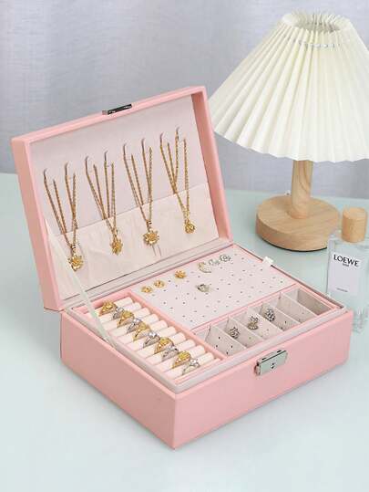 1 pieza Caja de almacenamiento de joyas de terciopelo de doble capa simple, organizador de escritorio a prueba de polvo para collares, pulseras, aretes y accesorios, regalo para el Día de San Valentín