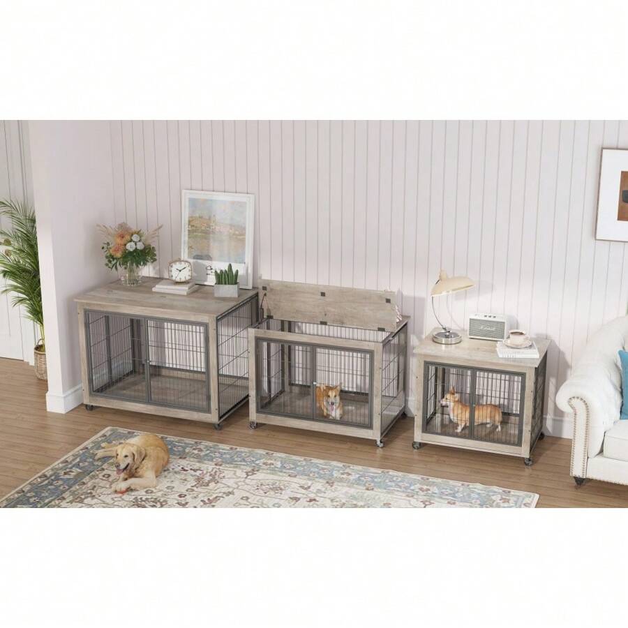 Furniture Style Dog Crate Side Table On Wheels With Double Doors And
