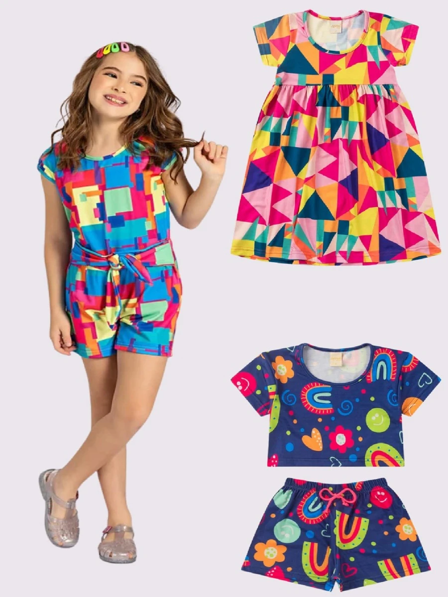 5-Piece Summer Kit For Girls, 2 Sets And 1 Colorful Dress - Multicolor - View 1