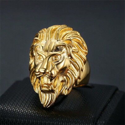 1 Pc Titanium Steel Plated Gold Lion Head Ring, Men Hiphop Jewelry
