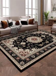 قطعة واحدة سجادة بنمط استرخائي عتيق ذات خلفية ذات نقوش سوداء، مصنوعة من ألياف البوليستر وطبقة مؤقتة من الجزيئات، قابلة للغسيل، سجادة منزلية مناسبة لغرف المعيشة والممرات والسرير والغرف والمكاتب والمطابخ والديكور الريفي