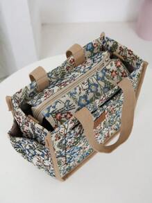 新产品，加厚针织提花面料手提包，可拆卸斜挎带，工作用便携式午餐盒收纳袋，妈妈户外斜挎包，女士包 - 藍色 - 查看 6