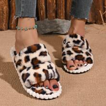女士时尚舒适豹纹保暖内衬圆头一脚蹬休闲家居拖鞋 - 豹紋兩條 - 查看 4