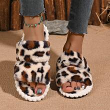 女士时尚舒适豹纹保暖内衬圆头一脚蹬休闲家居拖鞋 - 豹紋兩條 - 查看 3