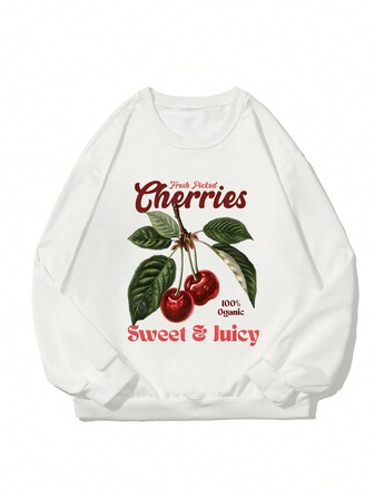 Felpa ampia casual con semplice stampa di ciliegie, a girocollo, manica lunga, colore bianco, adatta per l'autunno/inverno, per donne