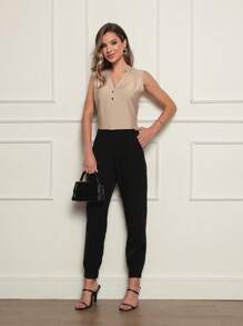 Women's Sleeveless Blouse With Buttons On The Front - 米色 - 查看 5