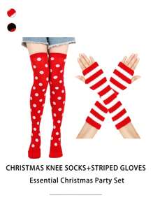 2 đôi: 1 đôi tất chấm bi + 1 đôi găng tay sọc, tất dài hóa trang Giáng sinh, đạo cụ trang điểm tiệc ngày lễ COS tất cao đến đùi chấm bi bọ rùa, găng tay cụt ngón kẻ sọc tiệc Giáng sinh - Nhiều màu - Xem 12