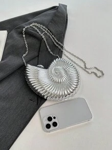 女士贝壳设计迷你手提包，个性化休闲时尚单肩包/斜挎包，适合派对、活动和街头摄影 - 銀色 - 查看 7