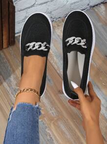 Women's Casual Rhinestone Chain Soft Bottom Knitted Upper Round Toe Versatile Cute Sneakers, Breathable Mesh, Runs Large, White Color