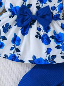 2pcs Baby Girls Rose Print Ruffle Trim Long Sleeve Top And Casual Pants Set, Spring/Fall Outdoor Casual - Baby Blue - View 6