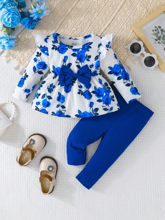 2pcs Baby Girls Rose Print Ruffle Trim Long Sleeve Top And Casual Pants Set, Spring/Fall Outdoor Casual