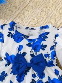 2pcs Baby Girls Rose Print Ruffle Trim Long Sleeve Top And Casual Pants Set, Spring/Fall Outdoor Casual - Baby Blue - View 2