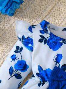 2pcs Baby Girls Rose Print Ruffle Trim Long Sleeve Top And Casual Pants Set, Spring/Fall Outdoor Casual - Baby Blue - View 4