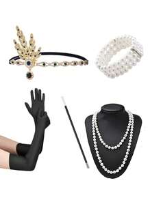 Set de 6 accesorii și pălării la modă în stil Paște/anii 1920, inclusiv bentiță cu pene, mănuși, colier lung cu perle artificiale, suport pentru țigări, brățară cu 3 rânduri de perle artificiale pentru petrecere, spectacol, costum de Ziua Mamei și Halloween