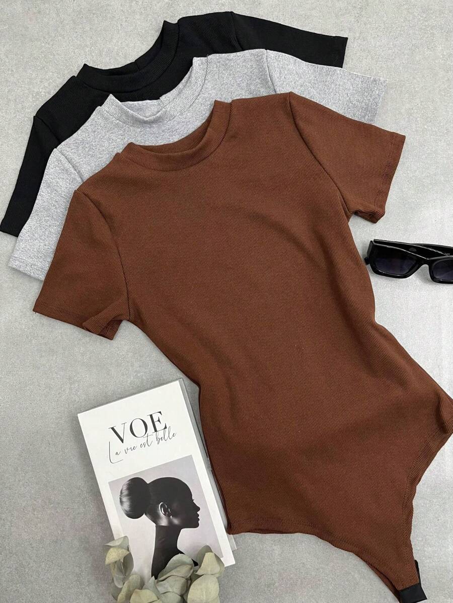 Women's Bodysuit Elegant Minimalist Bory Gray Basic Short Sleeve Thick Fabric Hollowed-Out Closed Neckline Plain Launch 2024 - màu đen - Xem 1