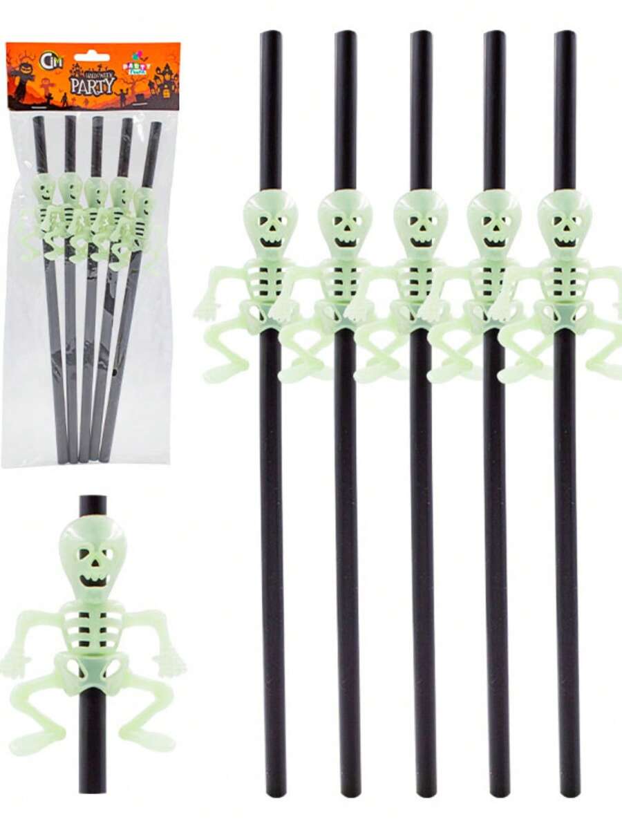 EX DECOR Kit 5 Halloween Skeleton Straws 30cm Glow In The Dark - 黑色 - 查看 1