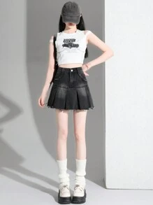 YEAE | Chân váy chữ A xếp ly cạp cao màu xanh vintage YKK, phong cách thường ngày mùa hè - Màu xám đen - Xem 2