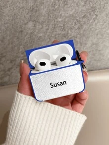 1pc Personalized Text Signature Style Colorful Custom Blue Textured Leather Protective Earphone Case, Compatible With Airpods 1/2 And AirPods Pro, Can Be Birthday/Festival Gift - Multicolor - View 6