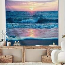 海洋挂毯壁挂，海滩波浪阳光云彩风景自然壁画 [双折边] 波西米亚风格家居装饰，适用于卧室、宿舍、大学、客厅，免费安装包 - 藍色 - 查看 1