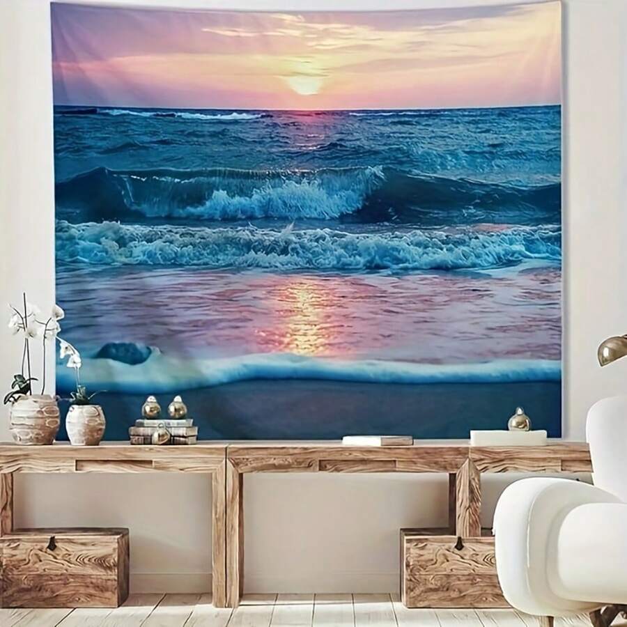 海洋挂毯壁挂，海滩波浪阳光云彩风景自然壁画 [双折边] 波西米亚风格家居装饰，适用于卧室、宿舍、大学、客厅，免费安装包 - 藍色 - 查看 1
