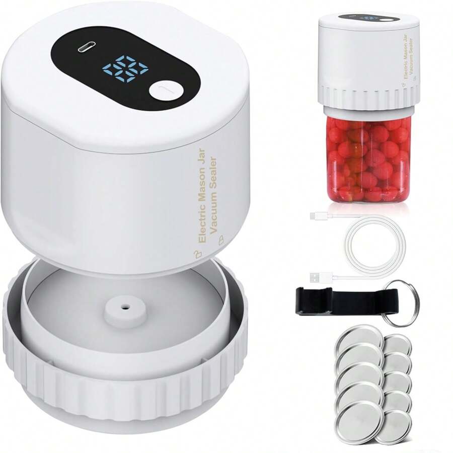 1set, Mason Jar Electric Vacuum Sealer With 10 Lids, Wide Mouth And
