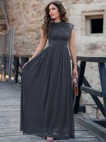 MIUSOL Elegant Floral Lace Mock Neck Cap Sleeve Pleated Hem Prom Party Dress Formal Evening Wedding Guest Gown, For Graduation, Dinner - Dark Grey - View 8