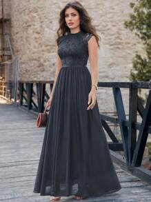 MIUSOL Elegant Floral Lace Mock Neck Cap Sleeve Pleated Hem Prom Party Dress Formal Evening Wedding Guest Gown, For Graduation, Dinner - Dark Grey - View 2