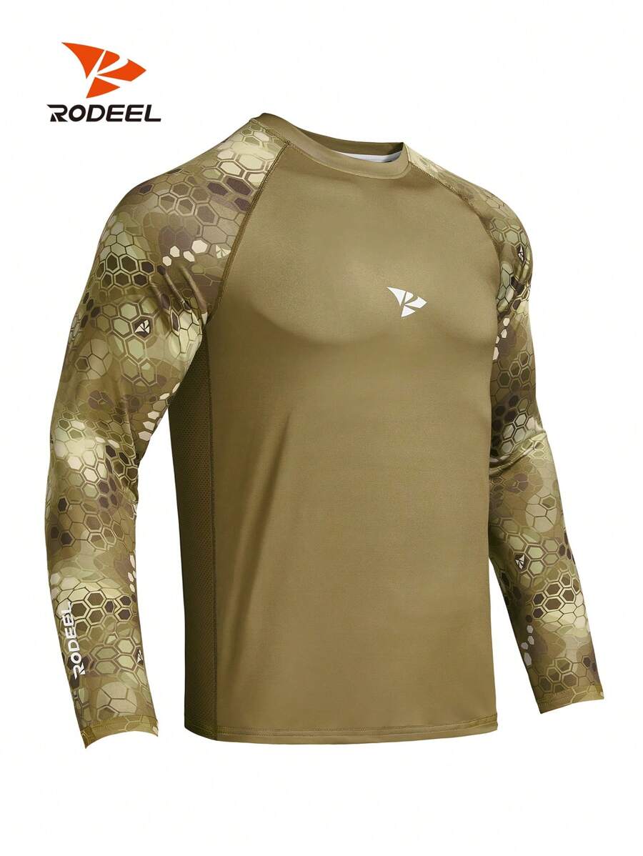 RODEEL 男士印花插肩袖速干长袖户外钓鱼衬衫 - 卡其色 - 查看 1